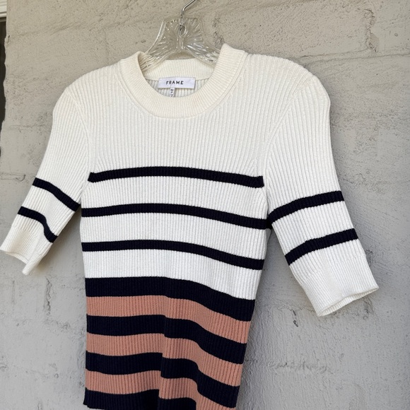 Frame Ribbed Short Sleeve Striped Pullover Sweater in Pink Clay Multi Size XS - Picture 8 of 12